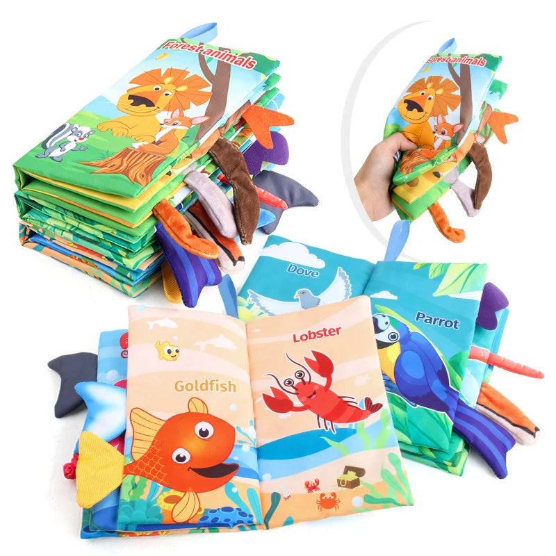 Colorful fabric baby books with animal pages, fabric tails, and a hand holding a closed book.