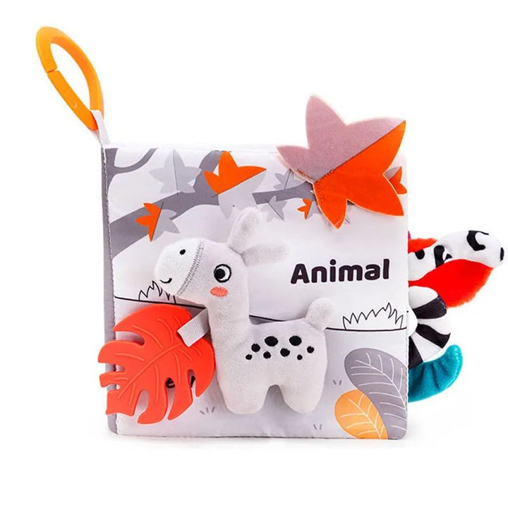Animal fabric book with a soft spotted character, colorful leaf-shaped tabs and an orange hanging loop