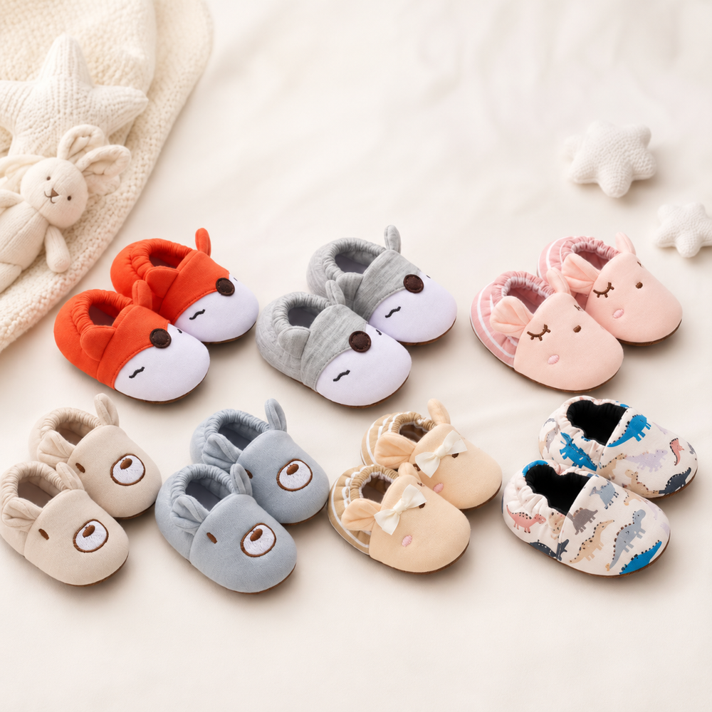Seven pairs of soft baby shoes in animal-face designs and a multicolor dinosaur print.