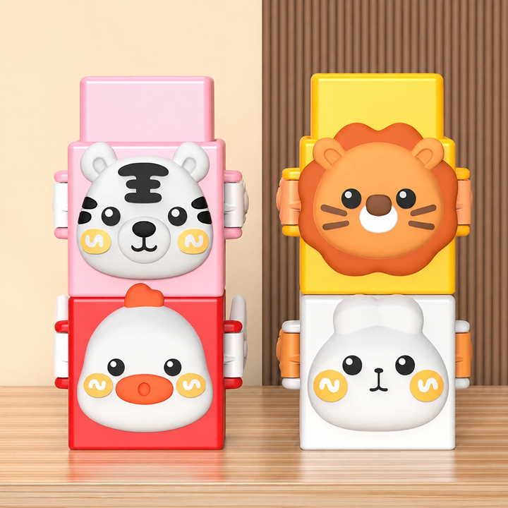 Close-up of four colorful animal-face blocks stacked in two pairs.