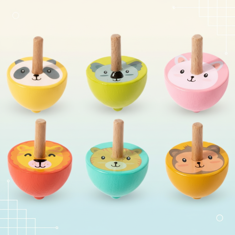 Six colorful animal spinning tops with upright wooden stems