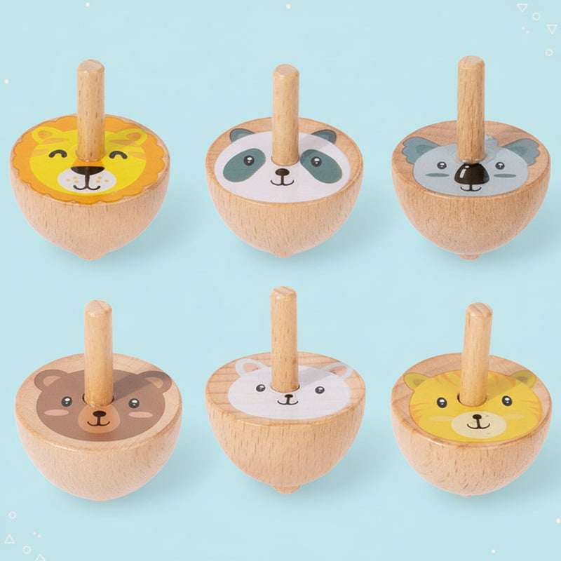 Six natural wood spinning tops with animal-face designs