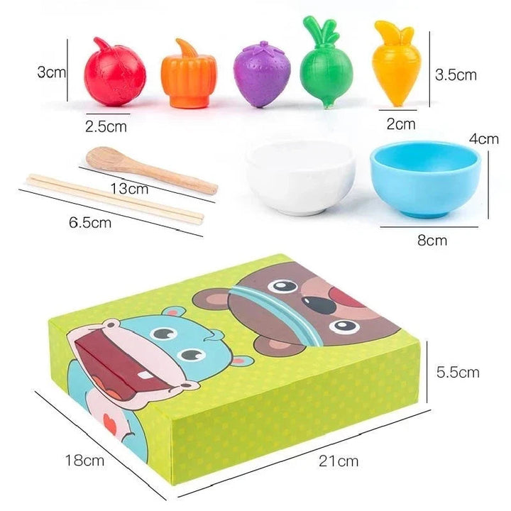 Measurement chart for the feeding game box, food pieces, bowls, spoon, and chopsticks