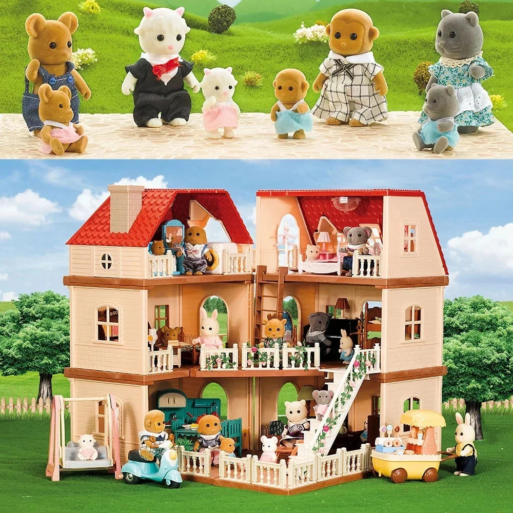 Animal figures and a furnished multistory dollhouse shown in two pretend-play scenes