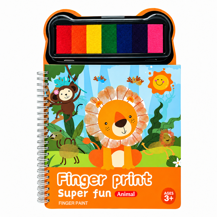 Animal-themed spiral finger painting book with a lion cover and attached multicolor paint pad