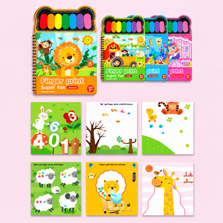 Animal finger painting book with sample pages featuring rabbits, chicks, sheep, a lion and a giraffe