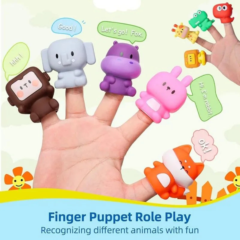 Animal finger puppets on a hand, including an elephant, hippo, rabbit, monkey, and fox