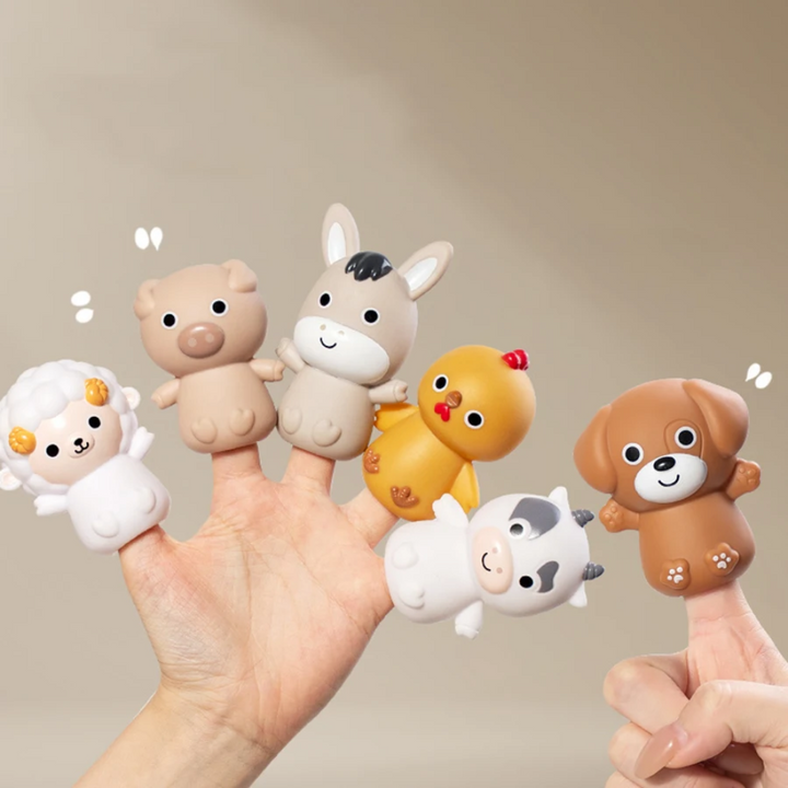 Six animal figures worn as finger puppets for pretend play