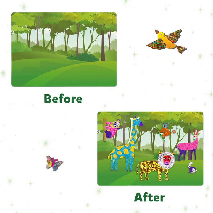 Forest background before and after adding colorful foil animal stickers