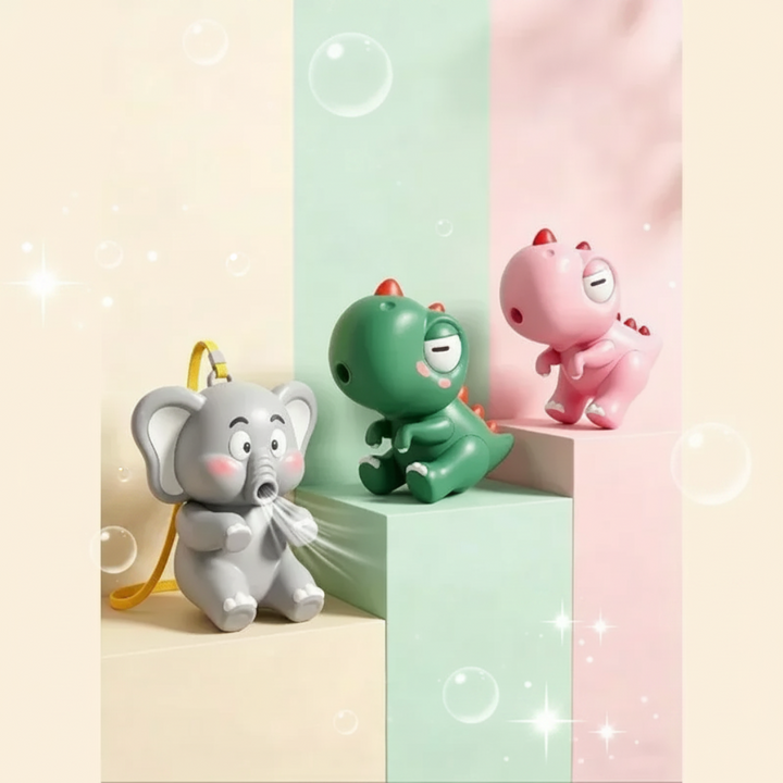 Elephant, green dinosaur, and pink dinosaur food cooling fans displayed on pastel blocks