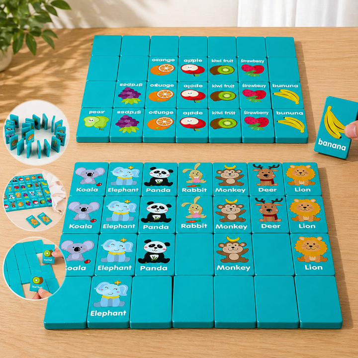 Turquoise fruit and animal matching tiles with English names, shown face up and face down