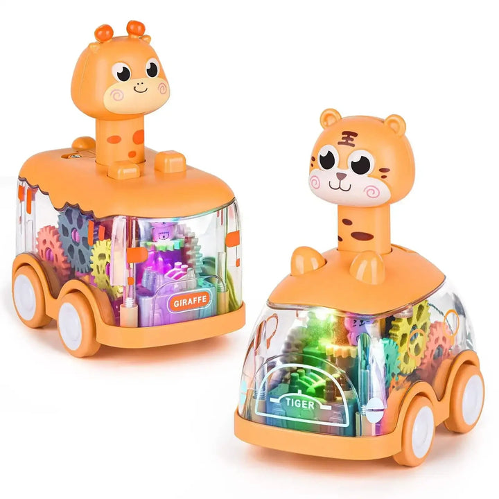 Two animal-themed toy cars with transparent bodies and colorful gears