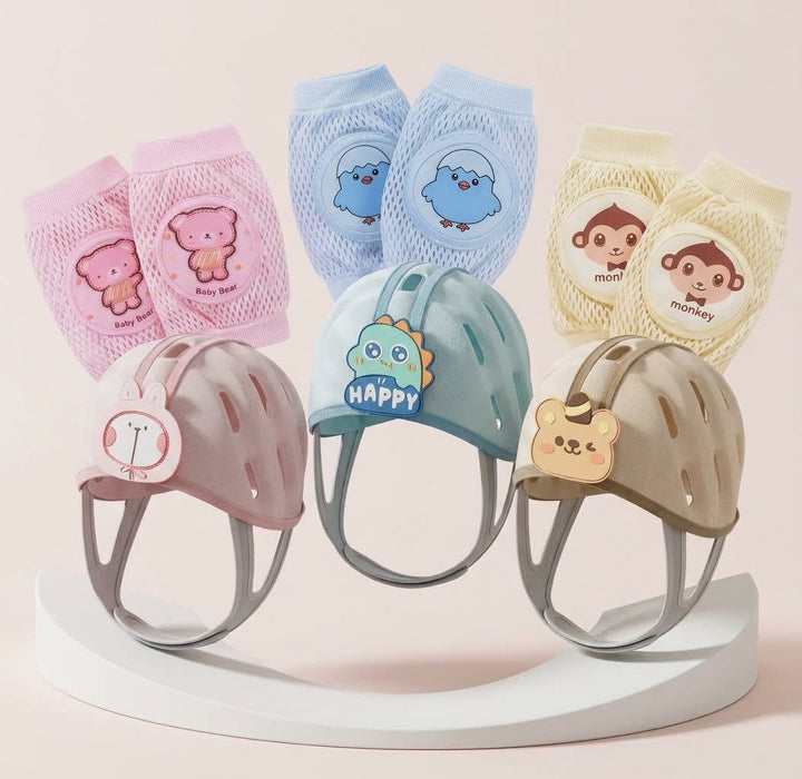 Animal-themed toddler headguards in pink, blue and beige displayed with pairs of knee pads