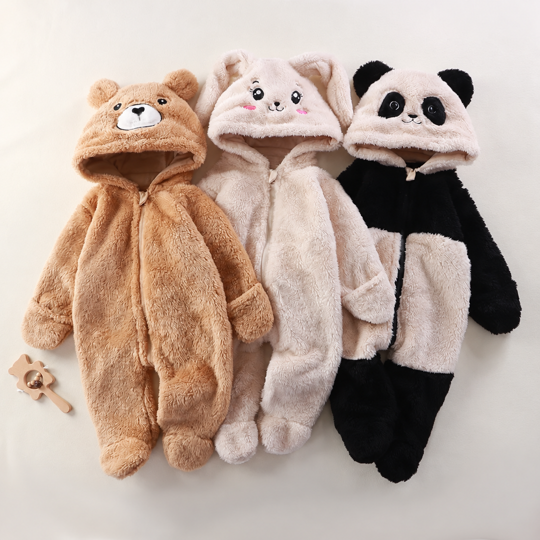 Bear, bunny, and panda plush baby onesies arranged side by side with their animal hoods visible.