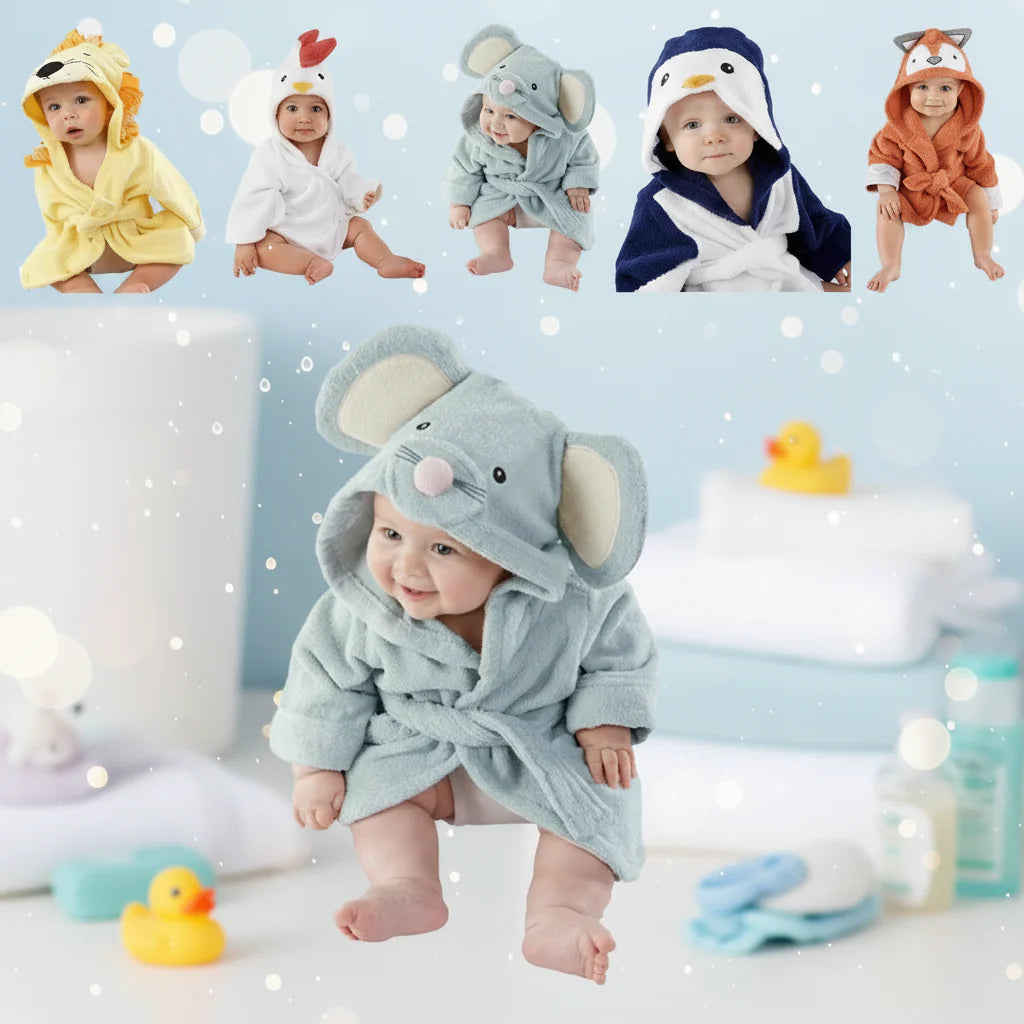 Animal hooded bathrobe styles above a baby wearing a gray mouse robe with a tied belt