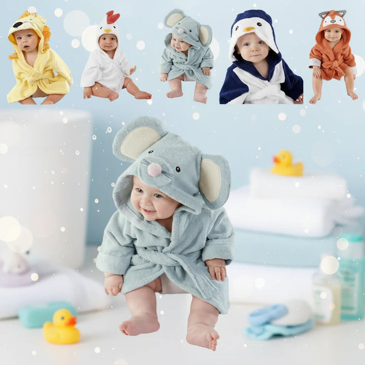 Animal hooded bathrobe styles above a baby wearing a gray mouse robe with a tied belt