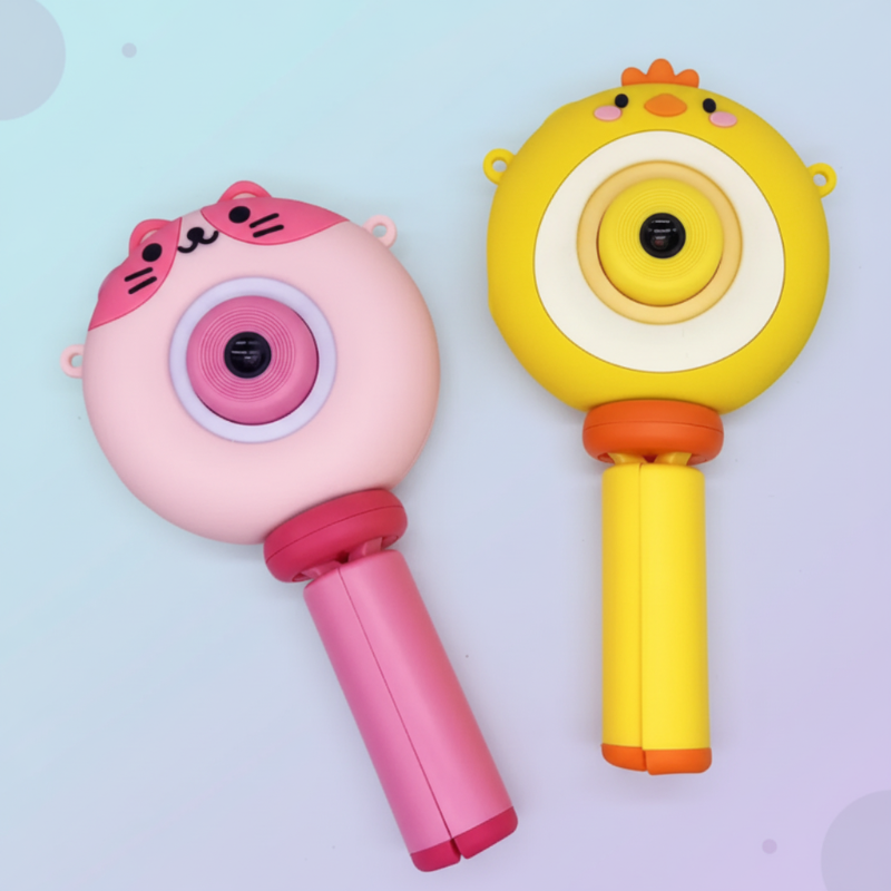 Front views of pink cat and yellow chick kids&