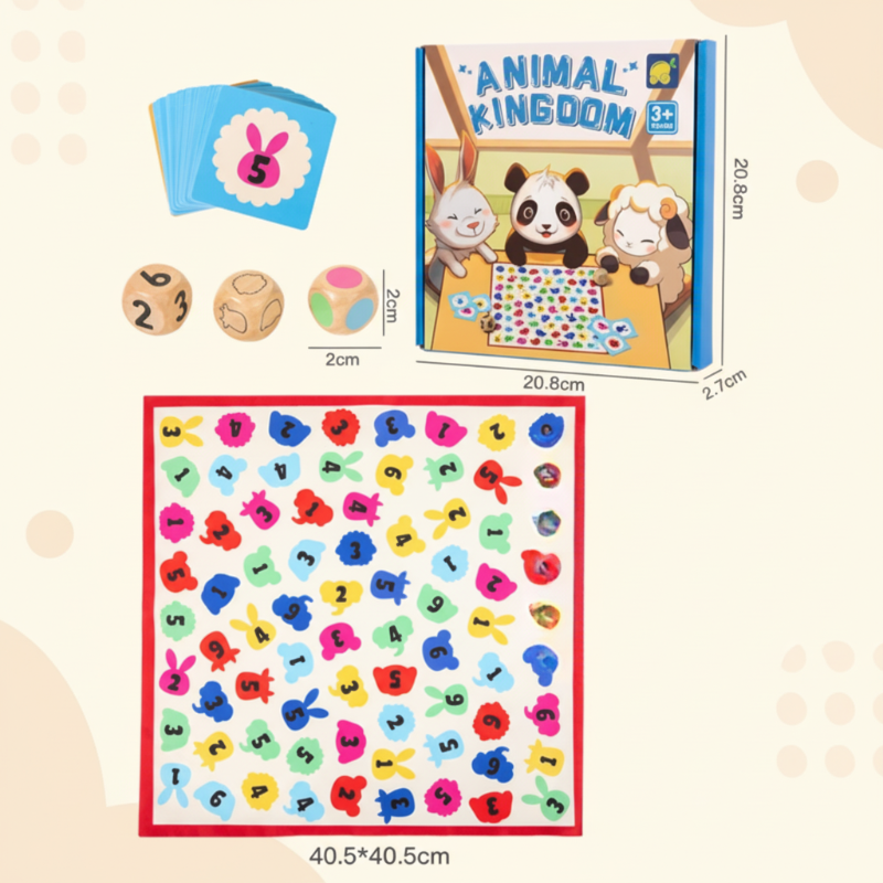 Animal Kingdom board, dice, cards, and box shown with measurements.