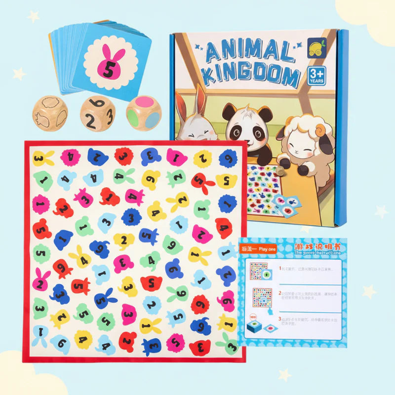 Animal Kingdom set with a shape-matching board, cards, three dice, instructions, and box.