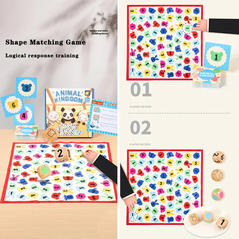 Animal Kingdom matching board with cards and dice showing shapes, colors, and numbers.