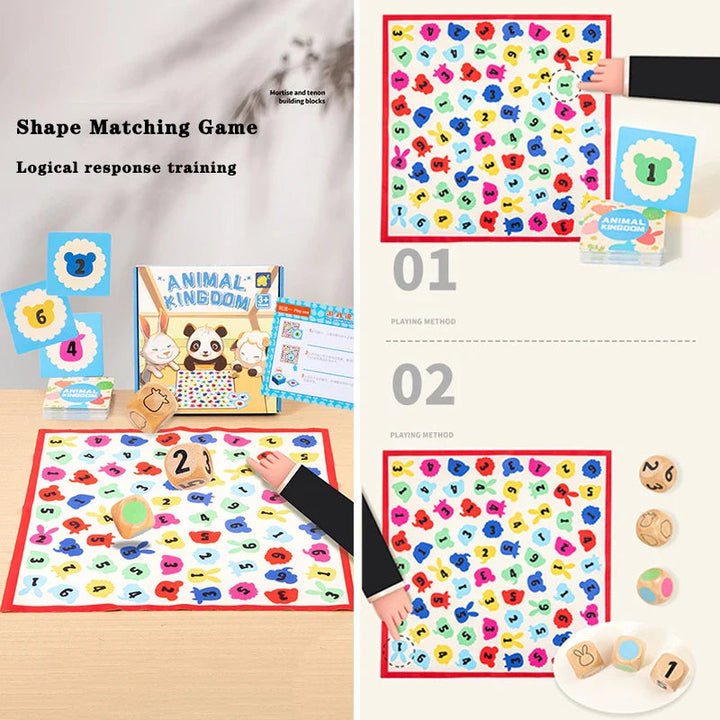 Animal Kingdom matching board with cards and dice showing shapes, colors, and numbers.