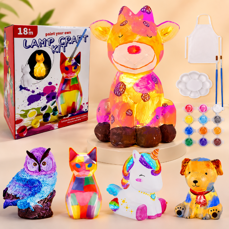 Animal lamp painting kit with a colorful deer and painted owl, cat, unicorn, and dog examples.