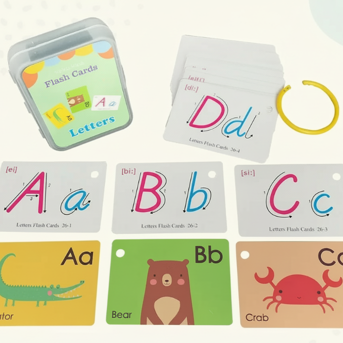 Letter flash cards with uppercase and lowercase letters, animal illustrations, a ring, and storage case.