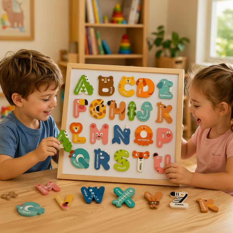 Two children exploring animal alphabet magnets on a tabletop board