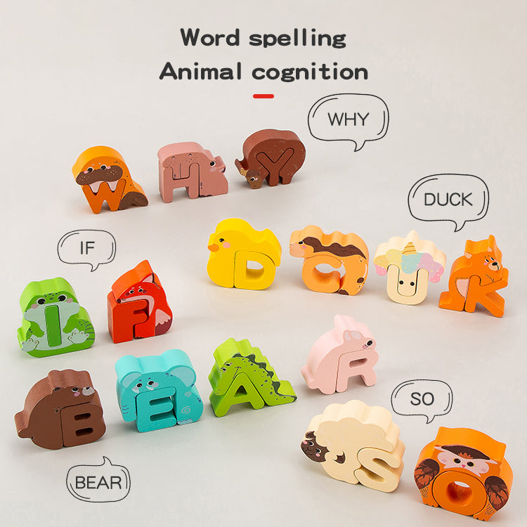 Wooden animal alphabet pieces arranged to spell short words, including duck and bear.