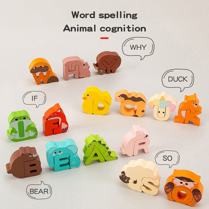 Wooden animal alphabet pieces arranged to spell short words, including duck and bear.