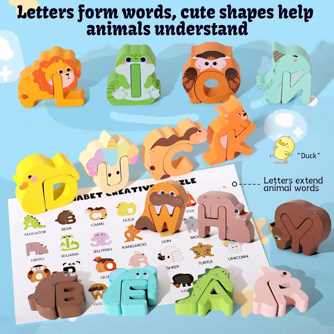 Animal-shaped letter puzzles arranged into words, with an alphabet guide underneath.