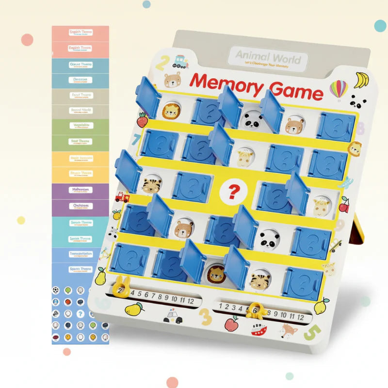 Animal matching board with blue flip doors beside a lineup of themed picture cards