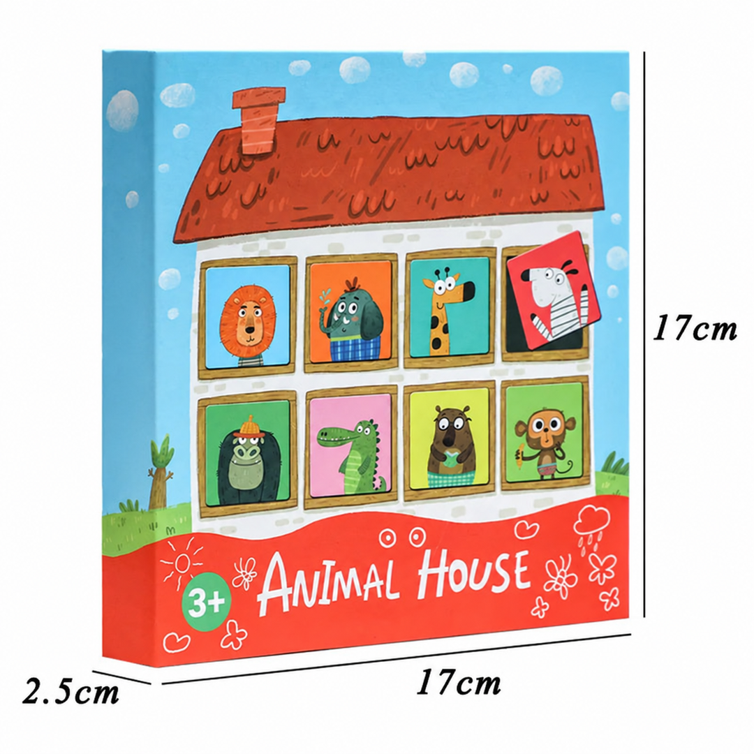 Animal memory game box measuring 17 cm by 17 cm by 2.5 cm