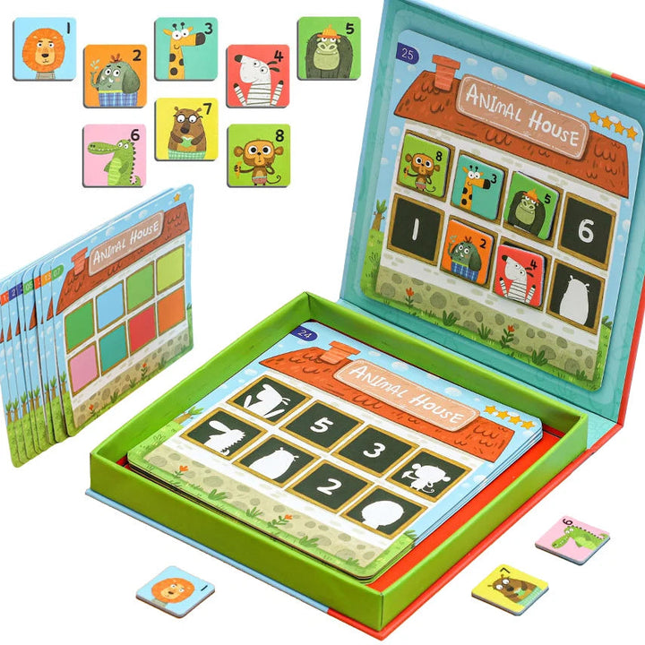 Open animal memory game with magnetic pieces, matching cards, and a storage box