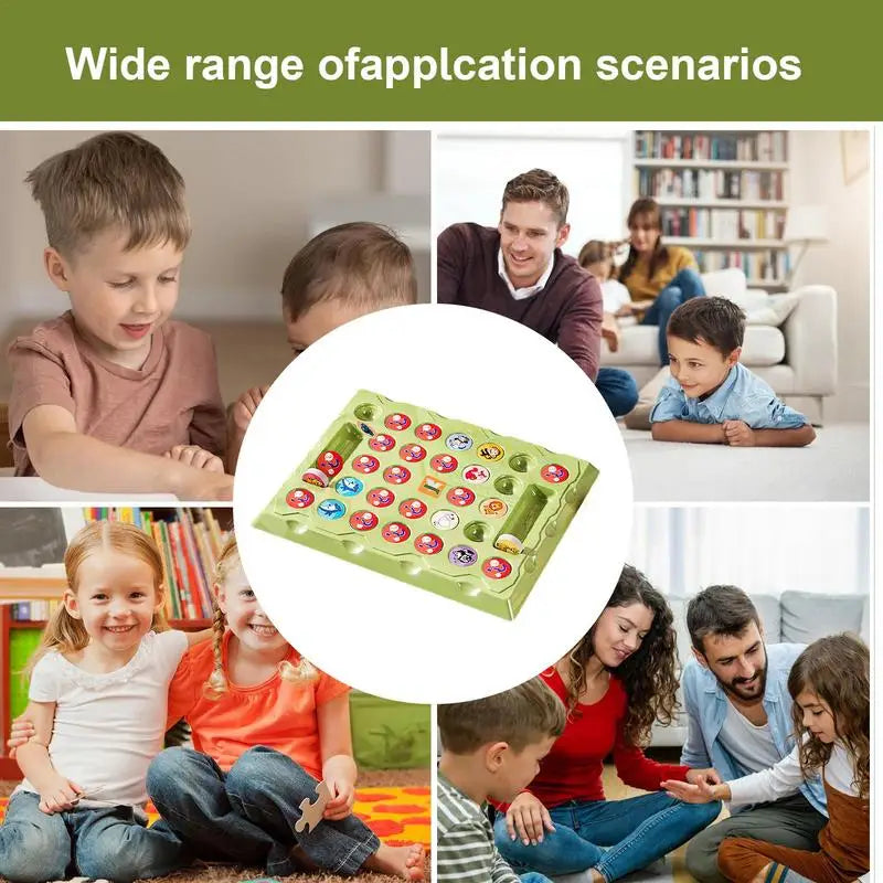 Collage of children and adults playing the animal memory game in different settings.