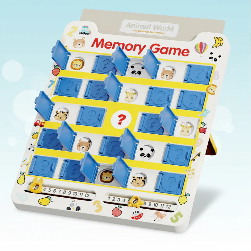Memory matching board with blue flip doors open to reveal animal pictures and a score tracker along the bottom