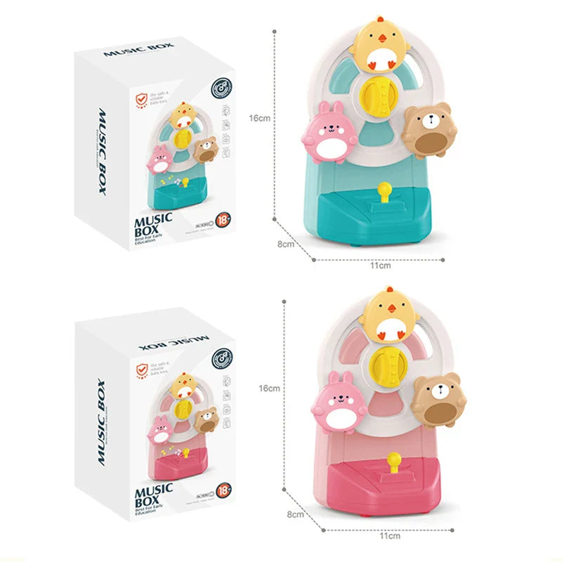 Blue and pink animal music boxes beside their packaging, with 11 × 8 × 16 cm measurements