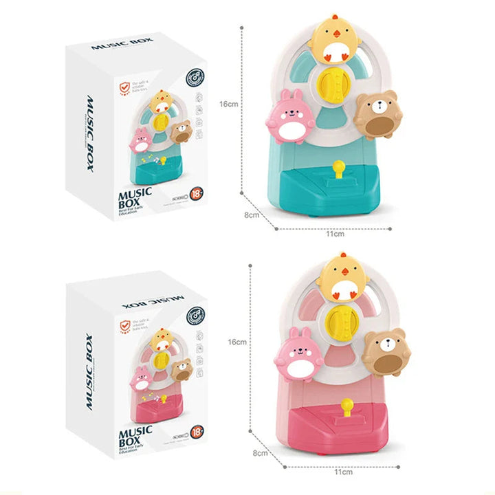 Blue and pink animal music boxes beside their packaging, with 11 × 8 × 16 cm measurements