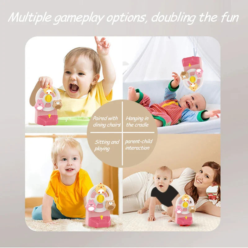 Collage of babies exploring the pink animal music box during different play activities