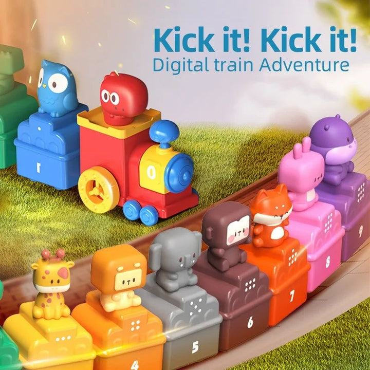 Colorful toy train with animal figures riding in numbered cars