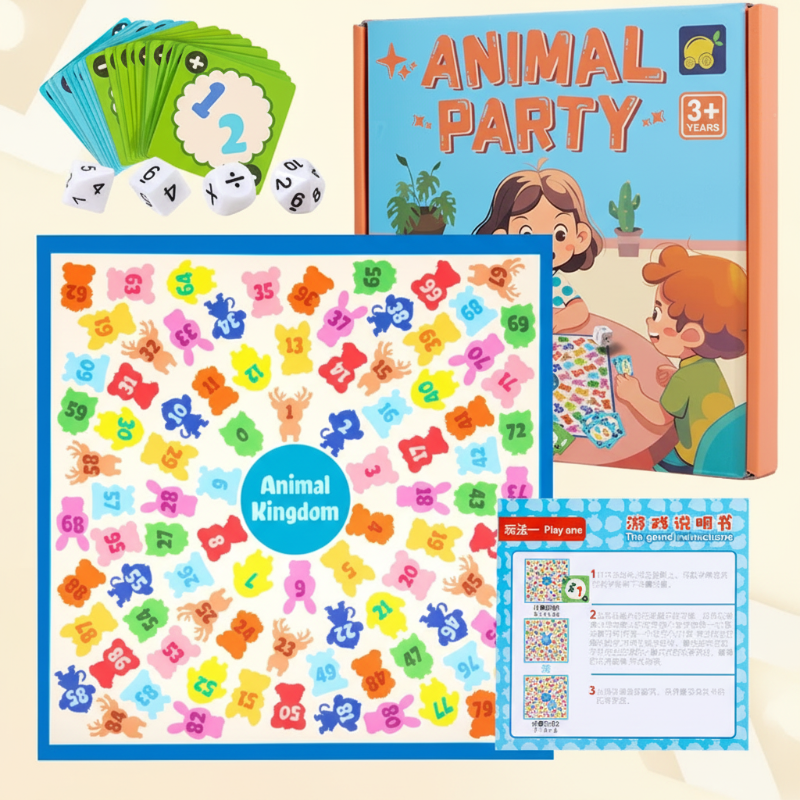 Animal Party set with a numbered animal board, cards, arithmetic dice, instructions, and box.