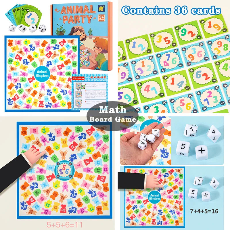 Animal Party math game with 36 cards, a colorful number board, and arithmetic dice.
