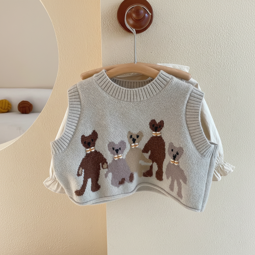 Sleeveless animal-pattern knit vest with a ribbed round neckline, layered over a white blouse