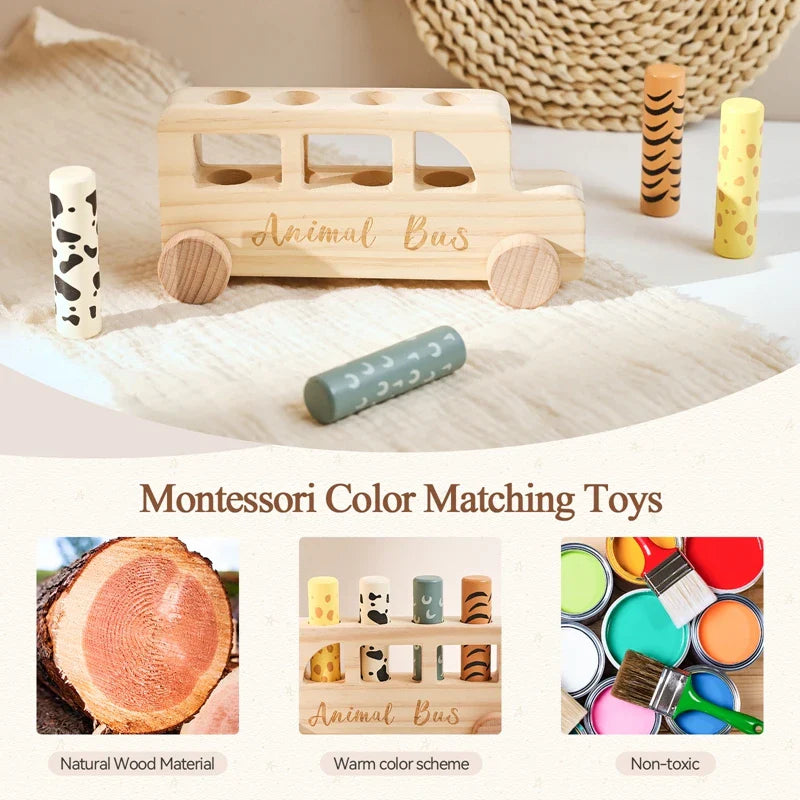 Wooden bus with four animal-patterned pegs arranged around it