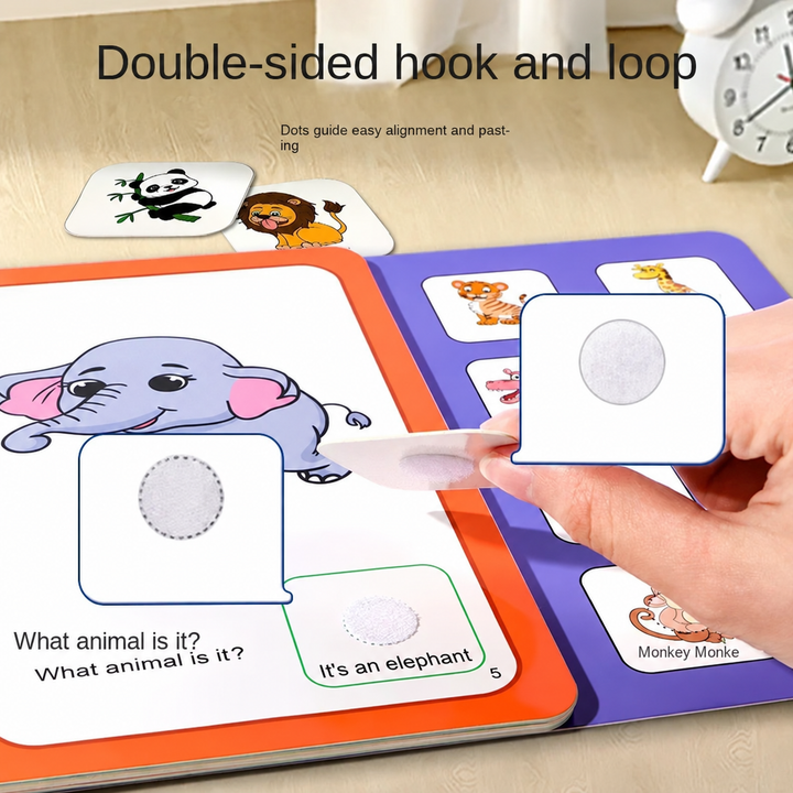 Animal picture-matching pages with hook-and-loop dots on removable pieces
