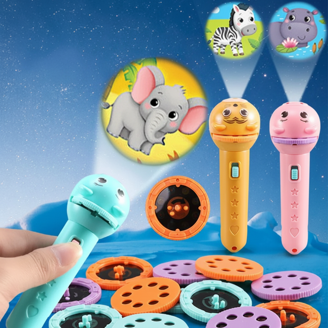 Blue, pink, and yellow animal-face projector flashlights with picture discs and projected animal designs.