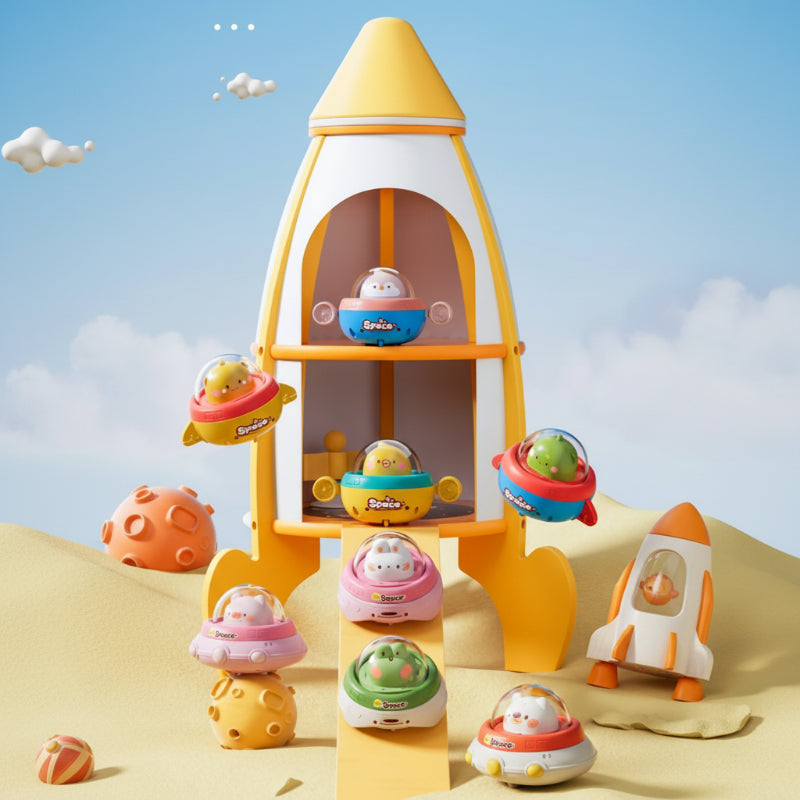 Colorful animal-pilot UFO toys arranged around a yellow rocket display.