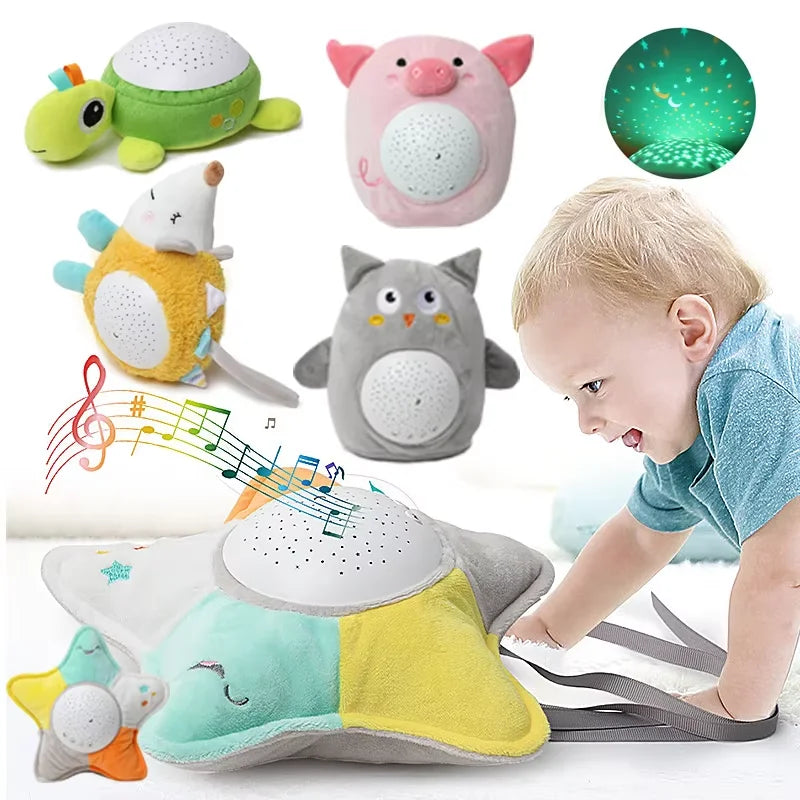 Assorted animal plush night light projectors beside a child playing with the starfish design