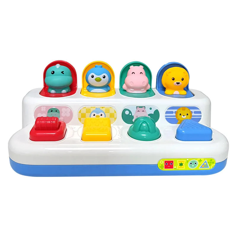 Animal activity toy with dinosaur, penguin, hippo, and lion figures above four matching controls