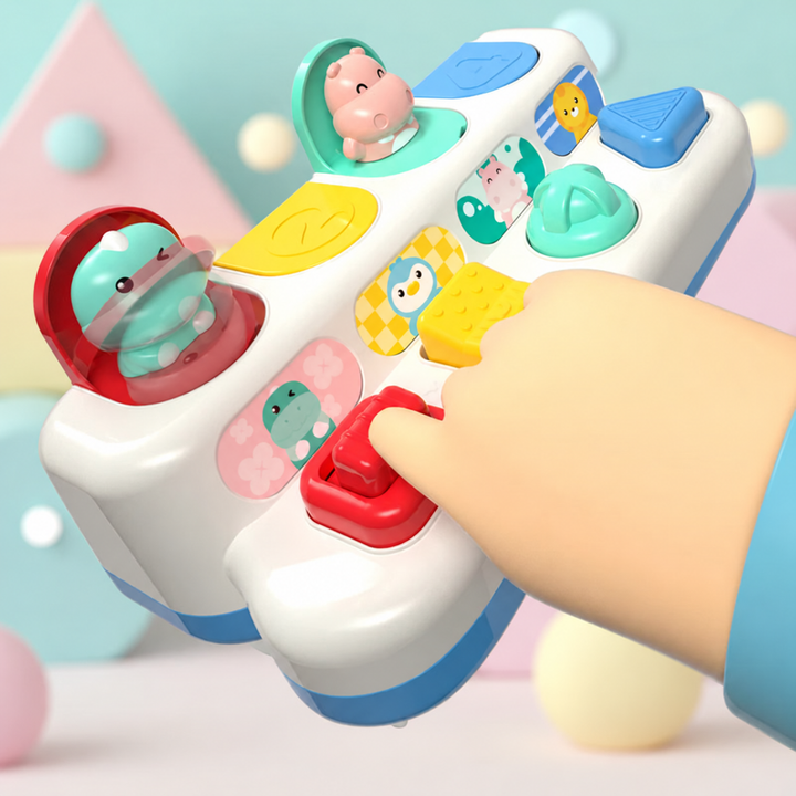 Close-up of a hand using the red control on an animal pop-up toy